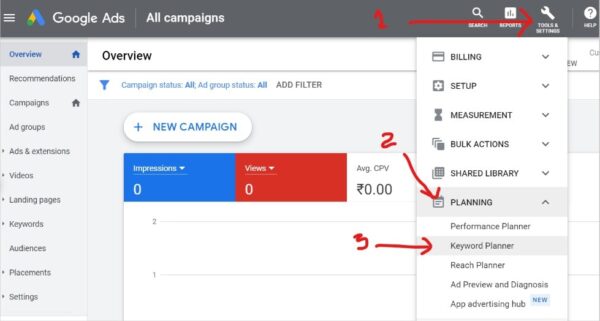 tools and settines of keyword planner to find high cpc keywords-